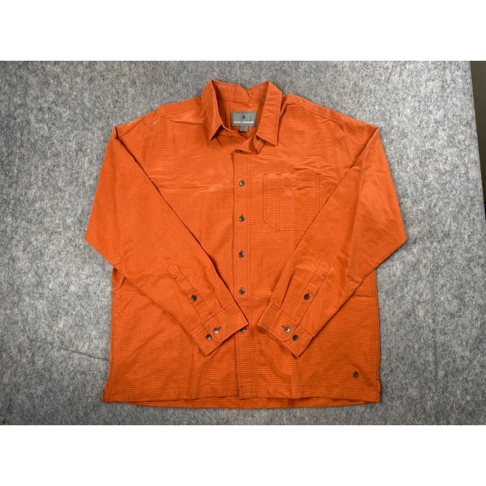Royal Robbins Shirt Mens L Orange Micro Check Relaxed Fit Hiking Travel Outdoor
